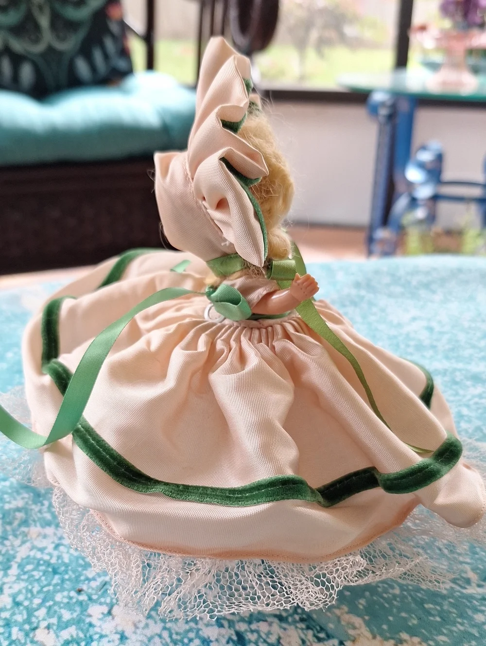 1940s Peach & Green Vintage Hollywood Doll with Bonnet